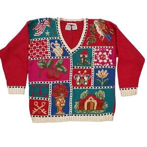 VTG. Ugly Sweater Womens L Grandma Cottagecore Patchwork Chunky Knit Bird 80s